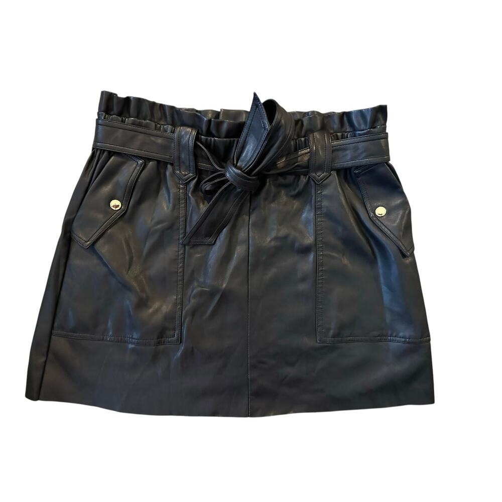 Marc New York Faux Vegan Leather Belted Mini Skirt Size L Fall Edgy Night Out